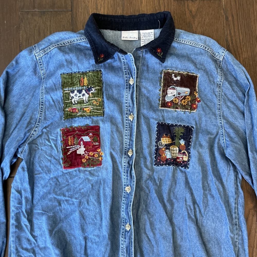 Vintage Bobbie Brooks Denim Shirt Women's Small Embroidered Farm Fall XL 16/18